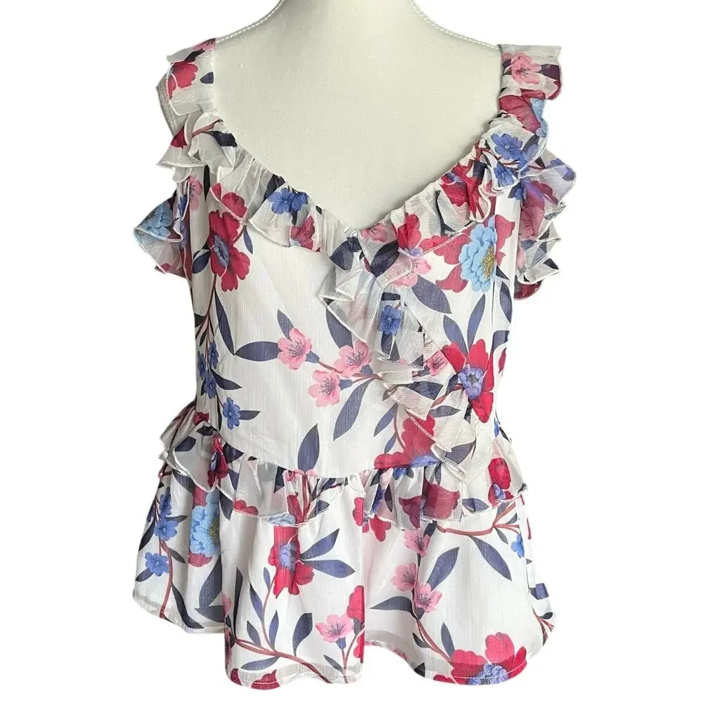French Connection Aden Bai Lurex Frill‎ Ruffle Cami Top Women's 8 Floral Sparkle